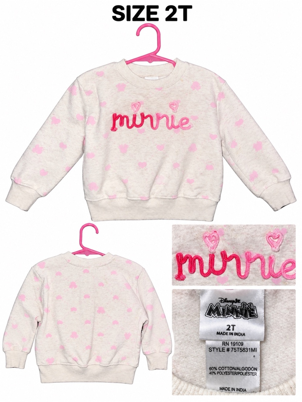 Disney Toddler Sweatshirt in Cream and Pink - Minnie Heart Script